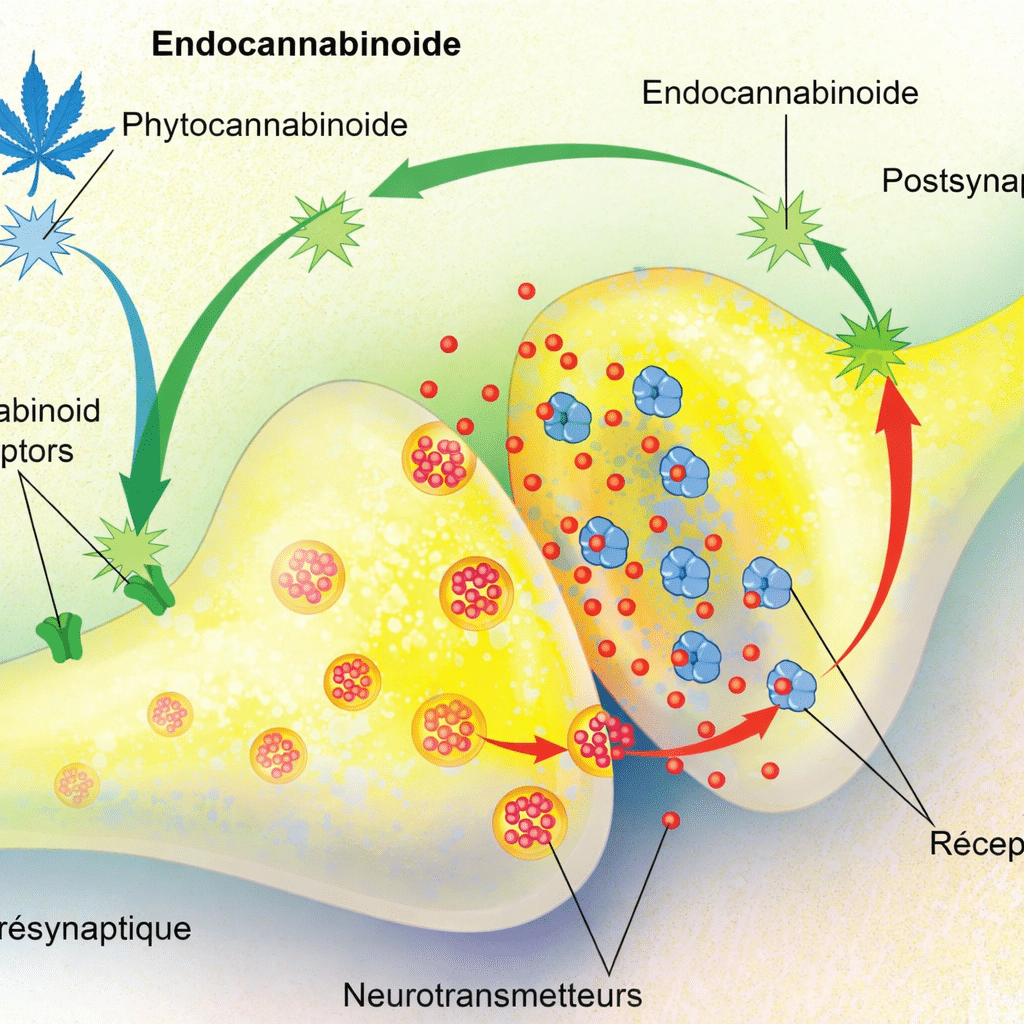 Illustration du système endocannabinoïde montrant une synapse avec neurone présynaptique et postsynaptique, neurotransmetteurs, récepteurs cannabinoïdes CB1, phytocannabinoïdes et endocannabinoïdes en interaction.